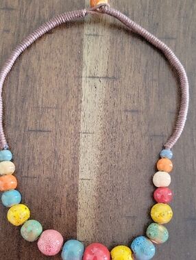 Multicolor Bead & Brown Cord Necklace